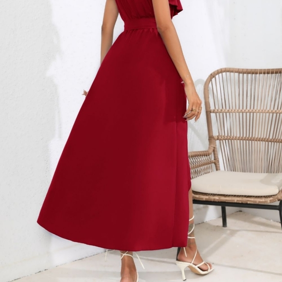 Chic Cascade Tied Midi Dress - Wine - Picture 7 of 14